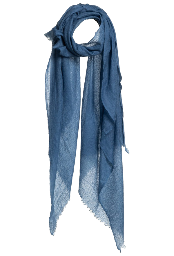 Blue scarf with frayed edges on a white background