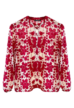 Red and white floral patterned blouse on a white background