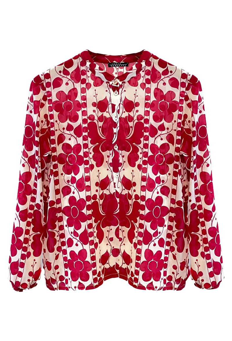 Red and white floral patterned blouse on a white background
