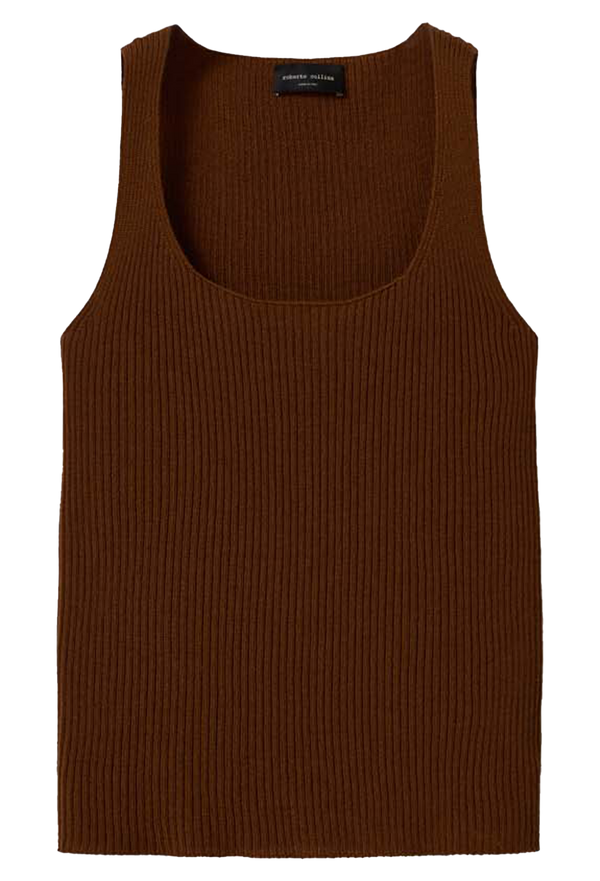 Brown ribbed tank top on a white background