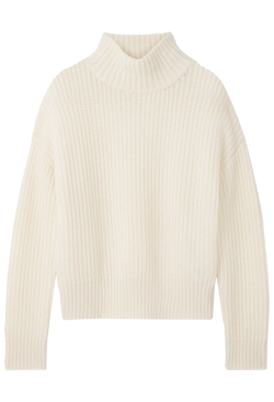 Cream-colored ribbed turtleneck sweater on a white background