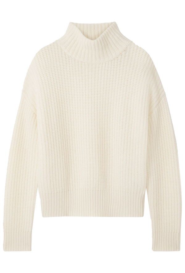 Cream-colored ribbed turtleneck sweater on a white background