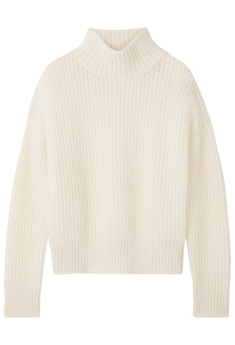 Cream-colored ribbed turtleneck sweater on a white background