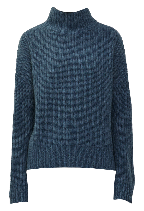 Blue ribbed turtleneck sweater on a white background