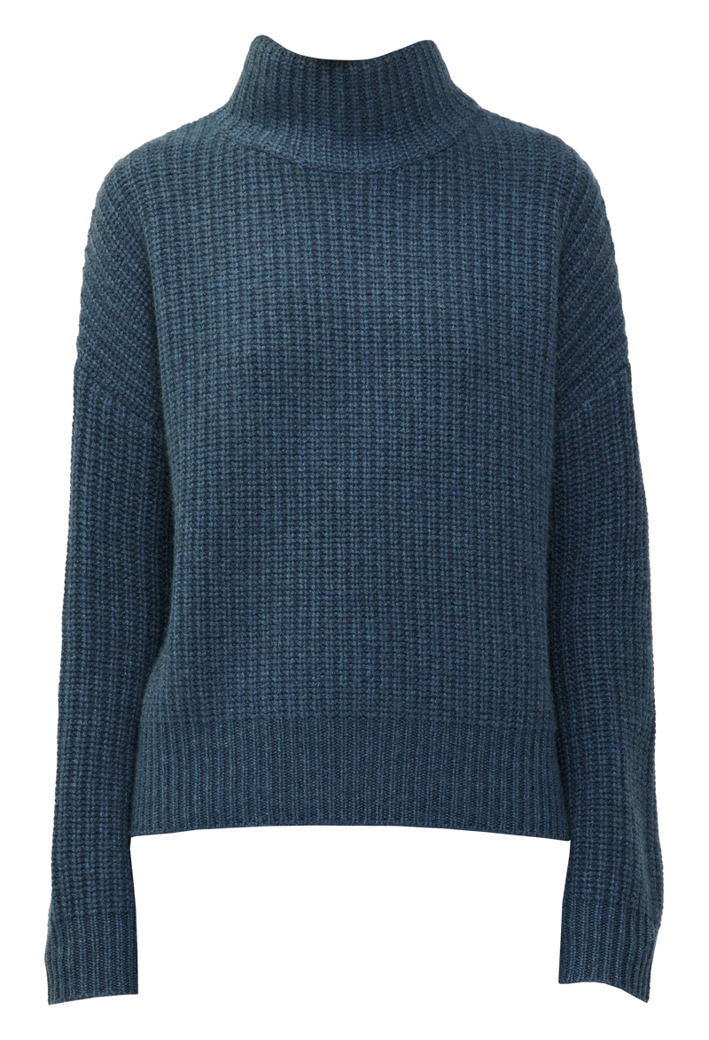 Blue ribbed turtleneck sweater on a white background