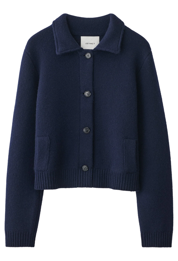 Navy blue cardigan with button details on a white background
