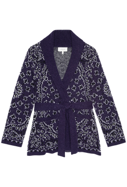 Navy cardigan with bandana pattern on a white background