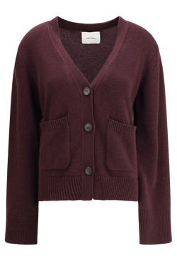Maroon cardigan with button details on a white background