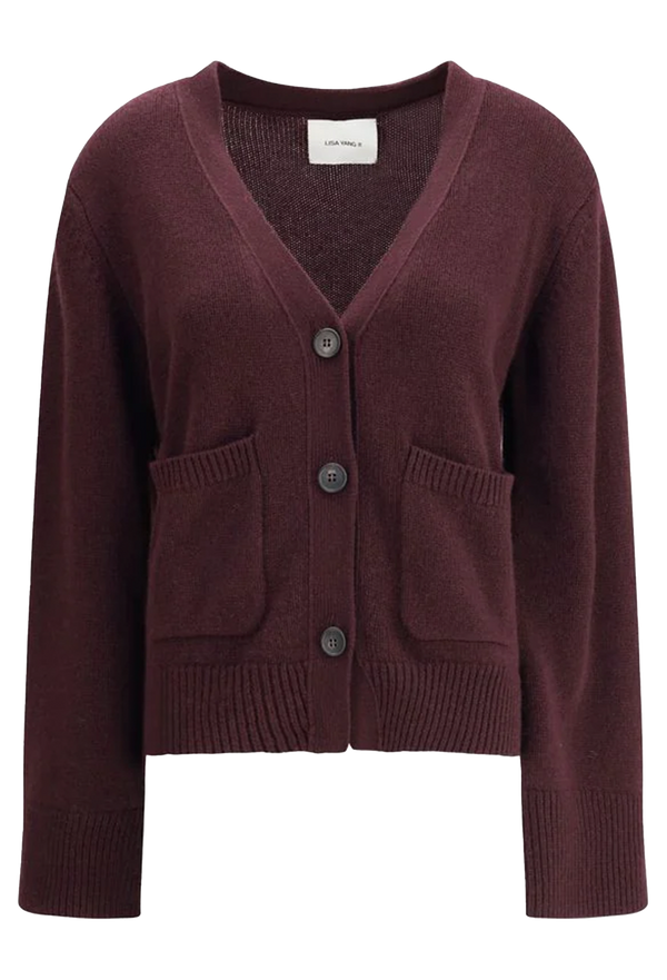 Maroon cardigan with button details on a white background