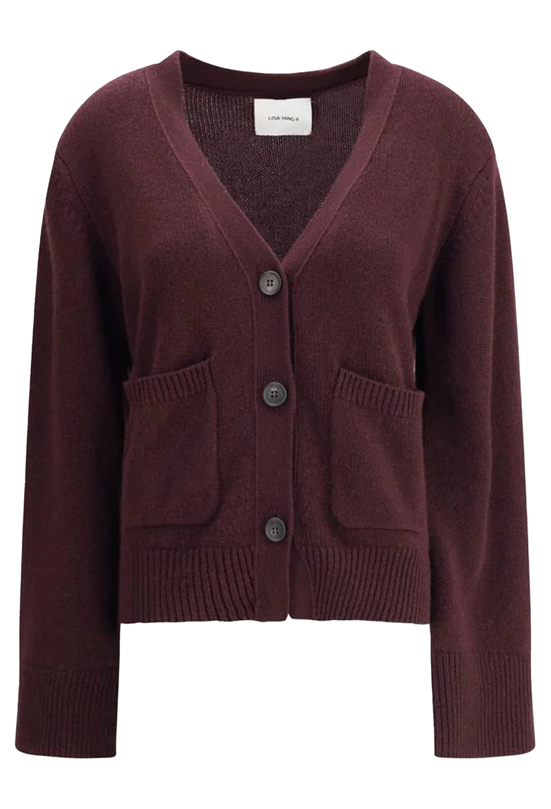 Maroon cardigan with button details on a white background