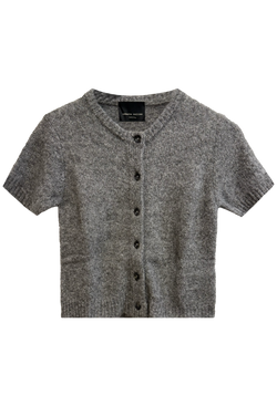 a short sleeve gray button up sweater on a white background