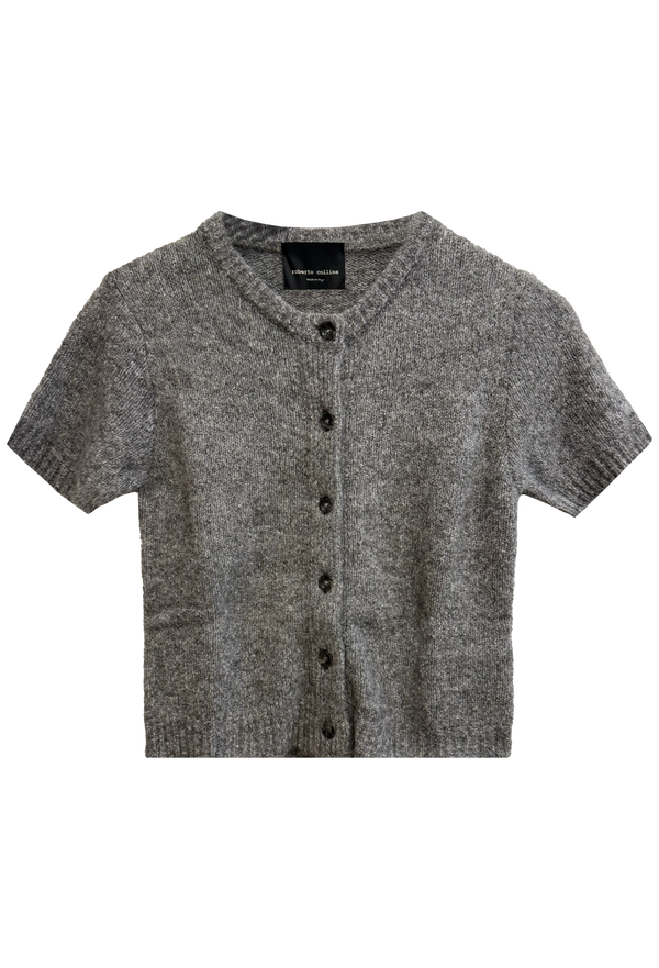 a short sleeve gray button up sweater on a white background