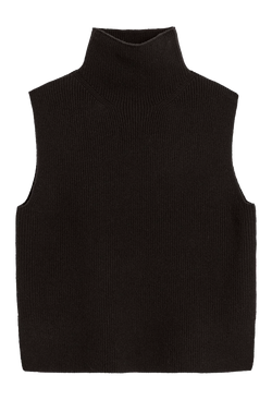Black ribbed knit sleeveless sweater on a white background