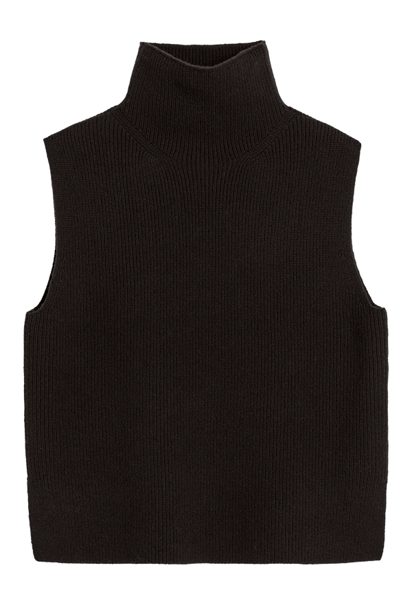 Black ribbed knit sleeveless sweater on a white background