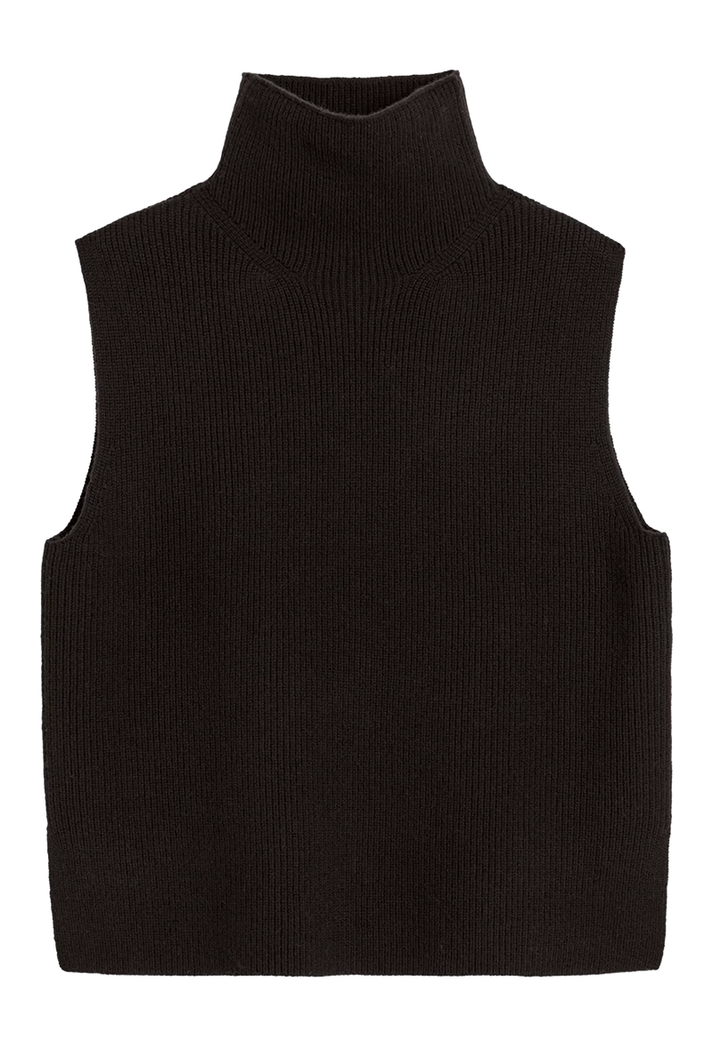 Black ribbed knit sleeveless sweater on a white background