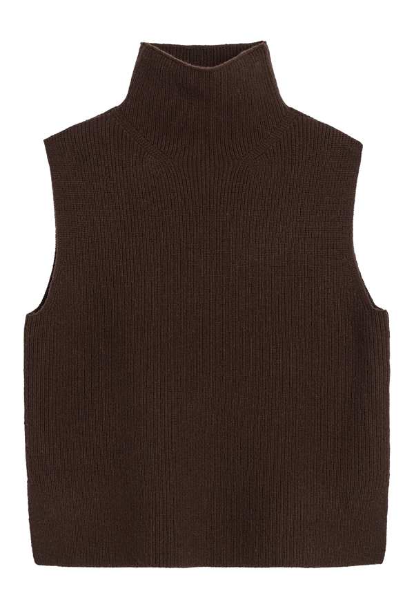 Brown ribbed knit sweater vest on a white background