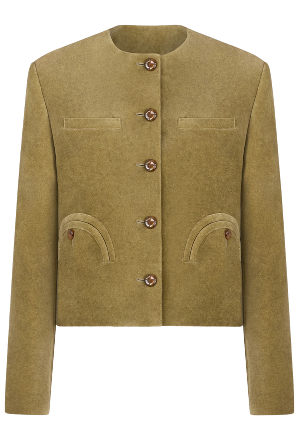 Green jacket with button details on a white background