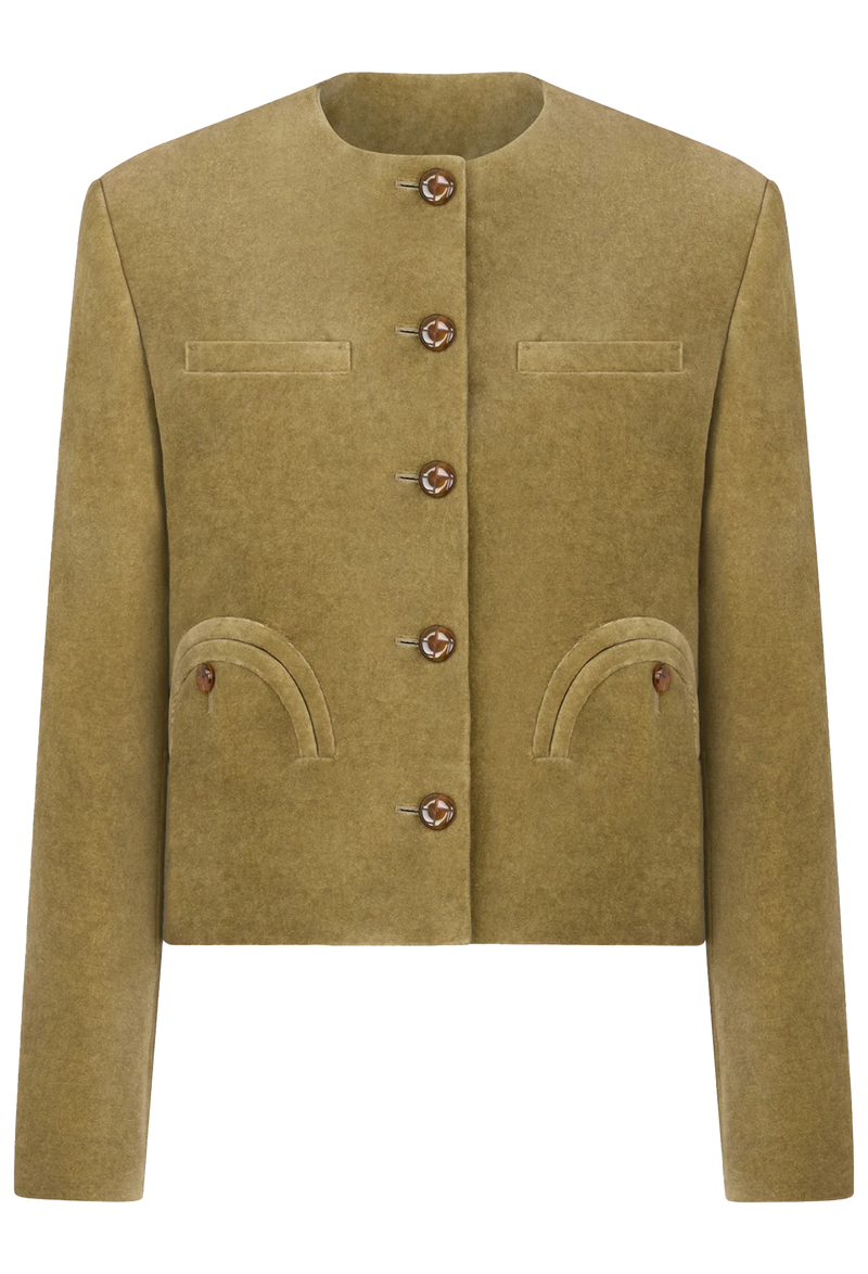Green jacket with button details on a white background