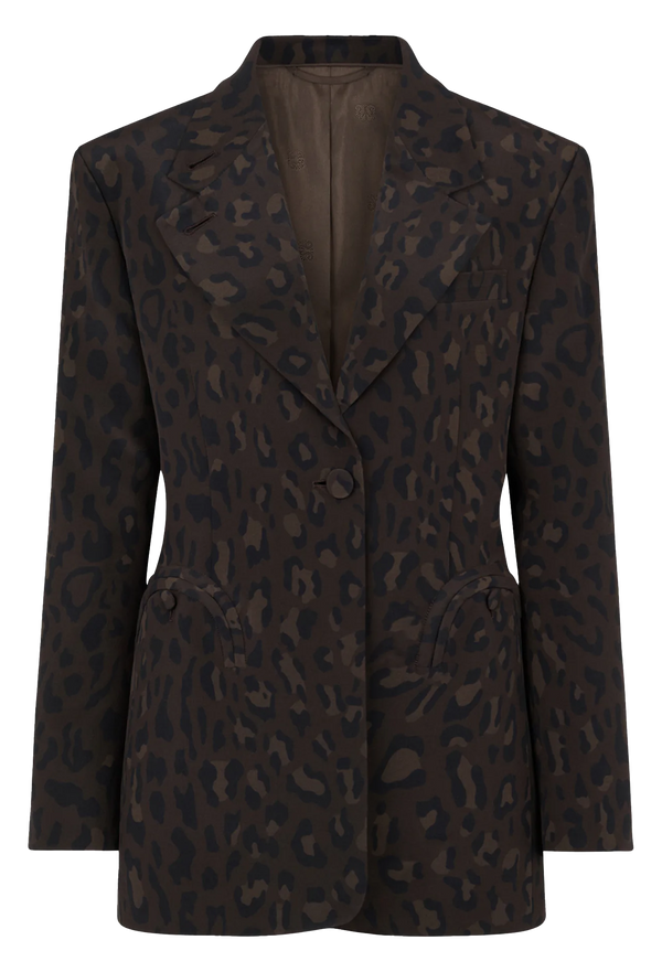 Brown blazer with leopard print pattern on a white background