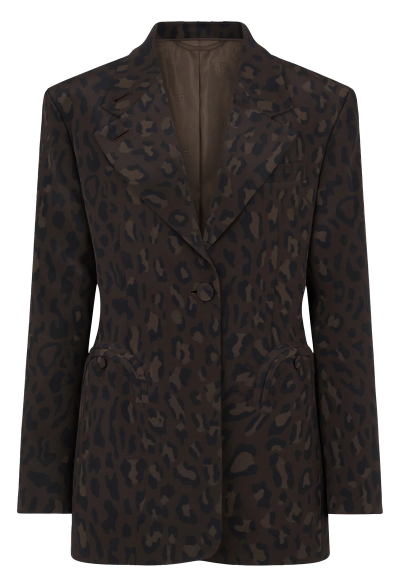 Brown blazer with leopard print pattern on a white background