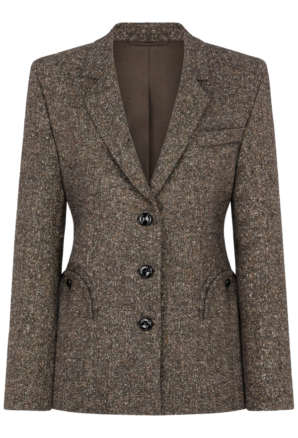 Brown blazer with black buttons on a white background
