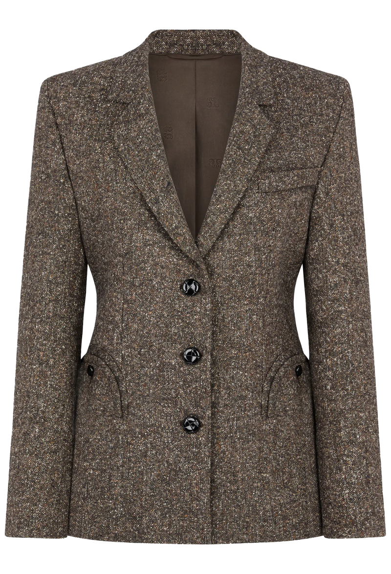 Brown blazer with black buttons on a white background