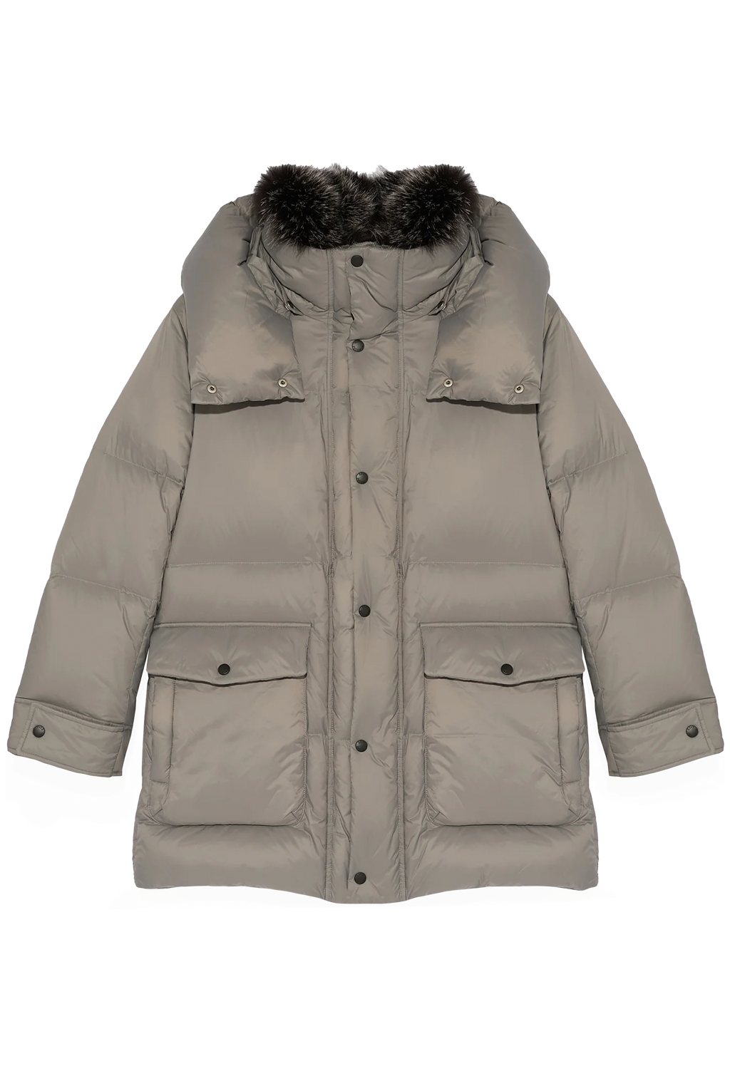 Beige winter coat with fur-lined hood on a white background