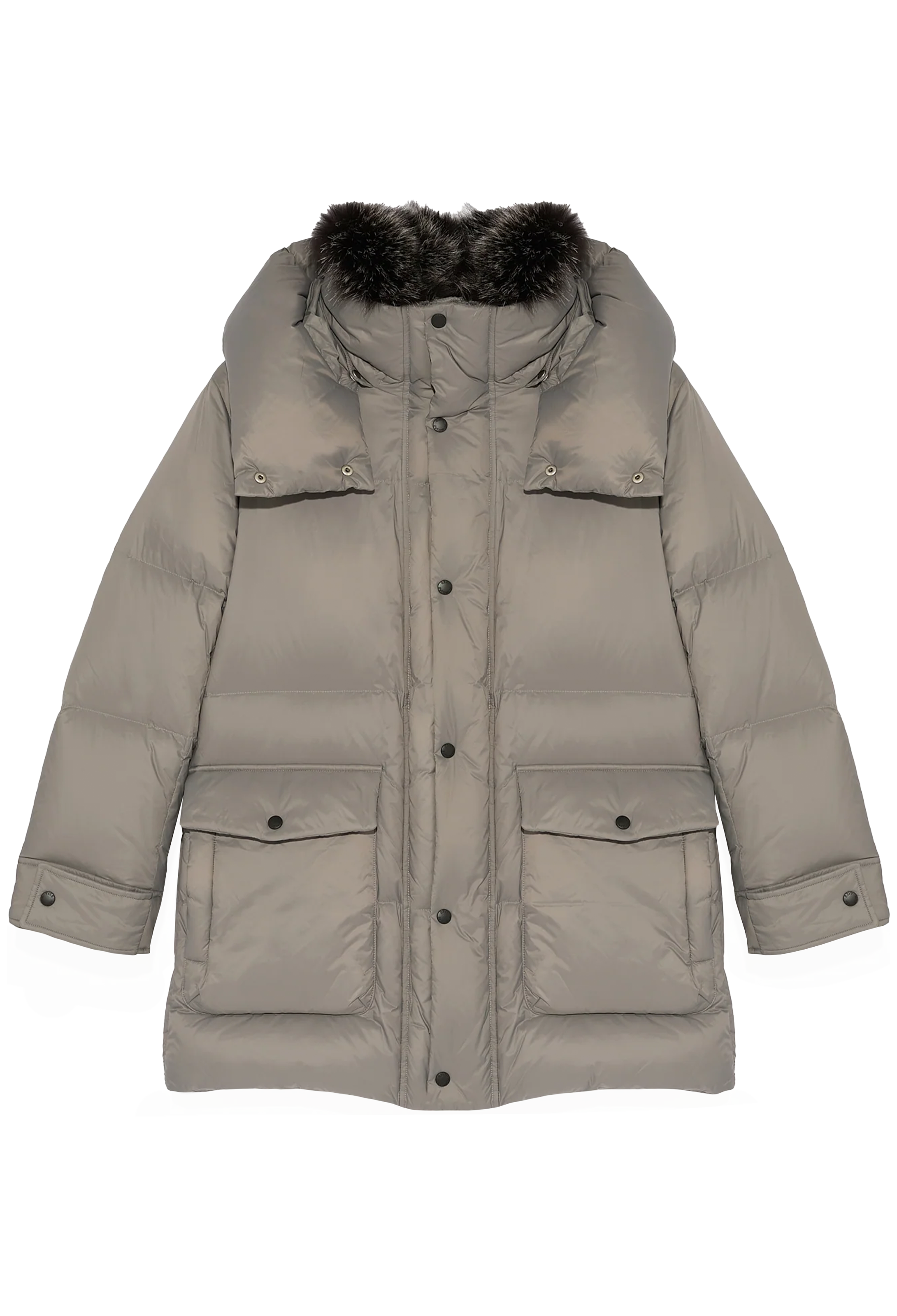 Beige winter coat with fur-lined hood on a white background