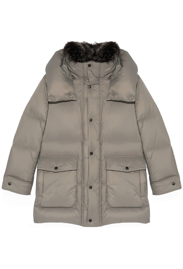 Beige winter coat with fur-lined hood on a white background