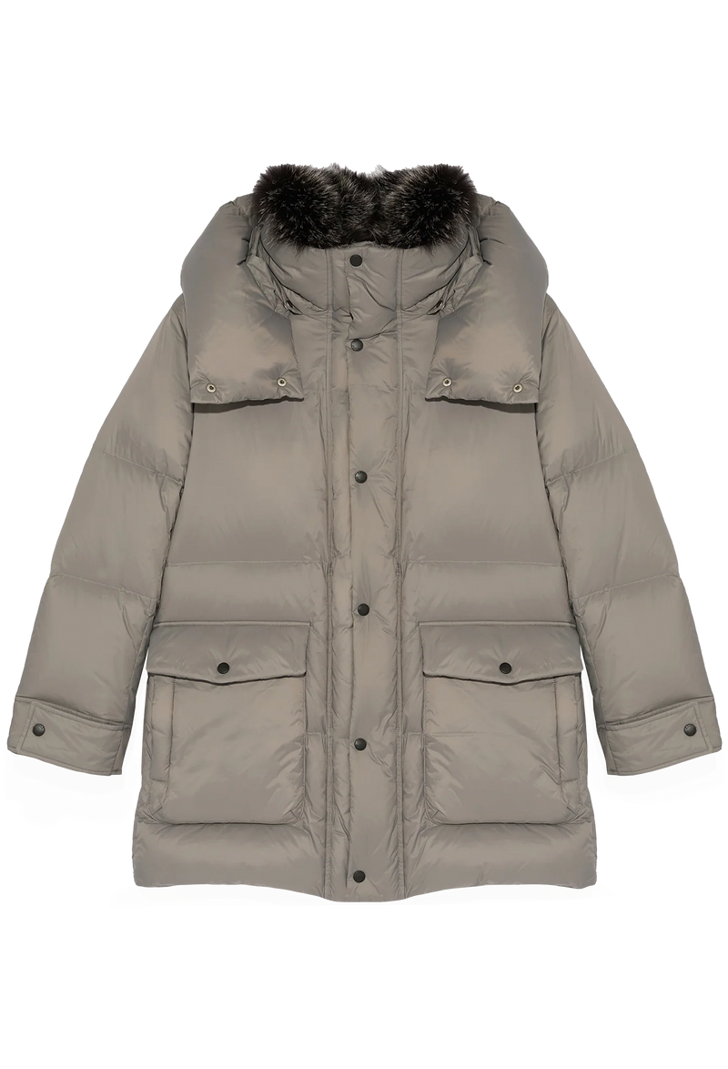 Beige winter coat with fur-lined hood on a white background