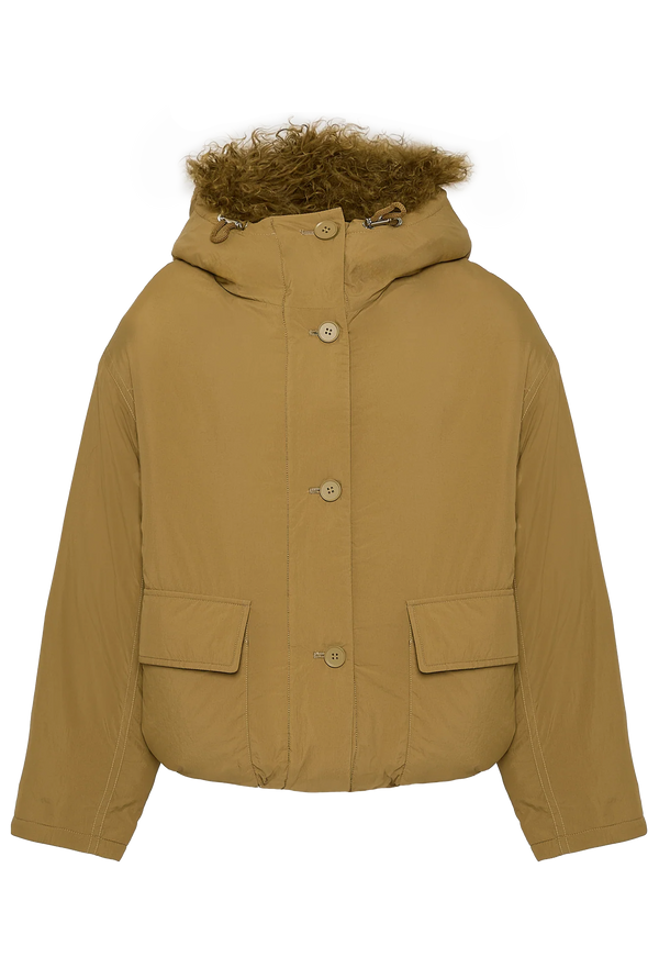 Brown jacket with fur hood on a white background