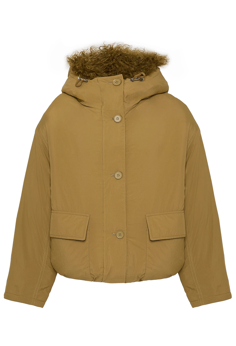 Brown jacket with fur hood on a white background