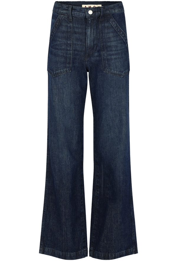 Pair of dark blue jeans on a white background