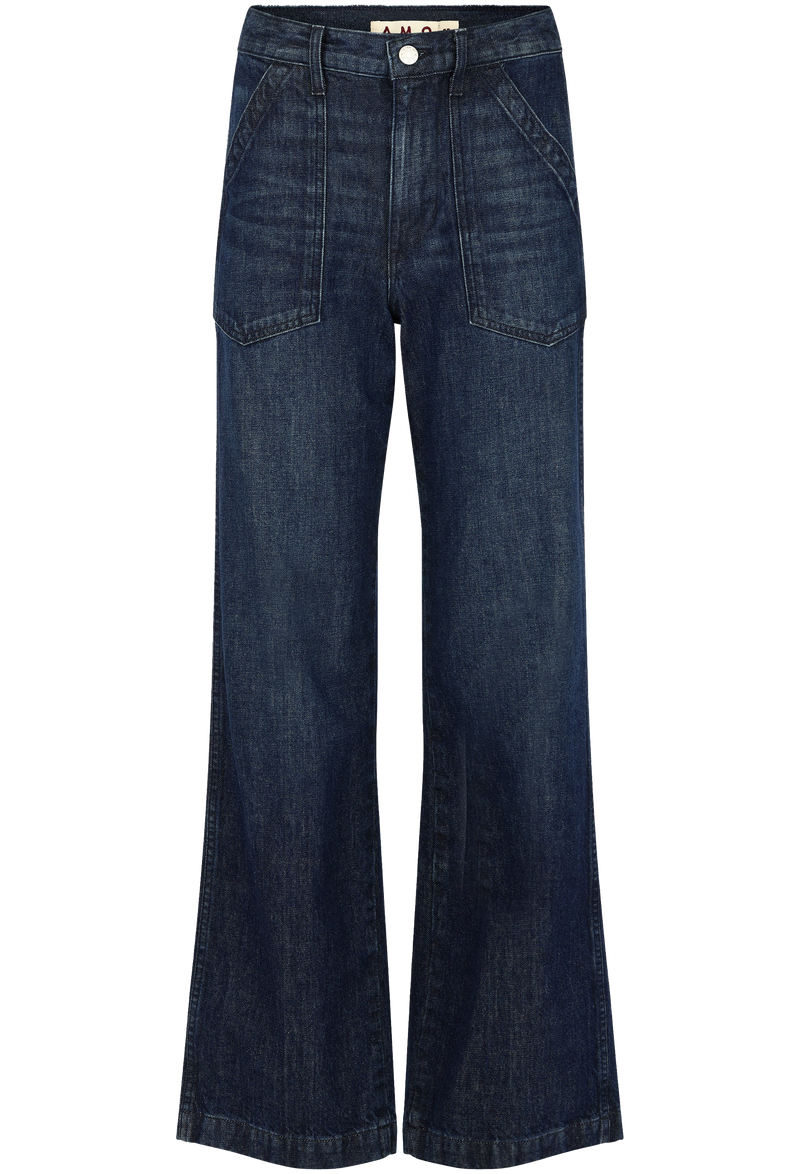 Pair of dark blue jeans on a white background