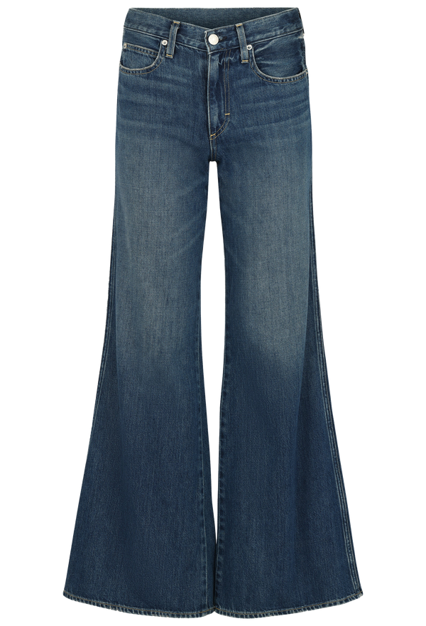 Blue flared jeans on a white background