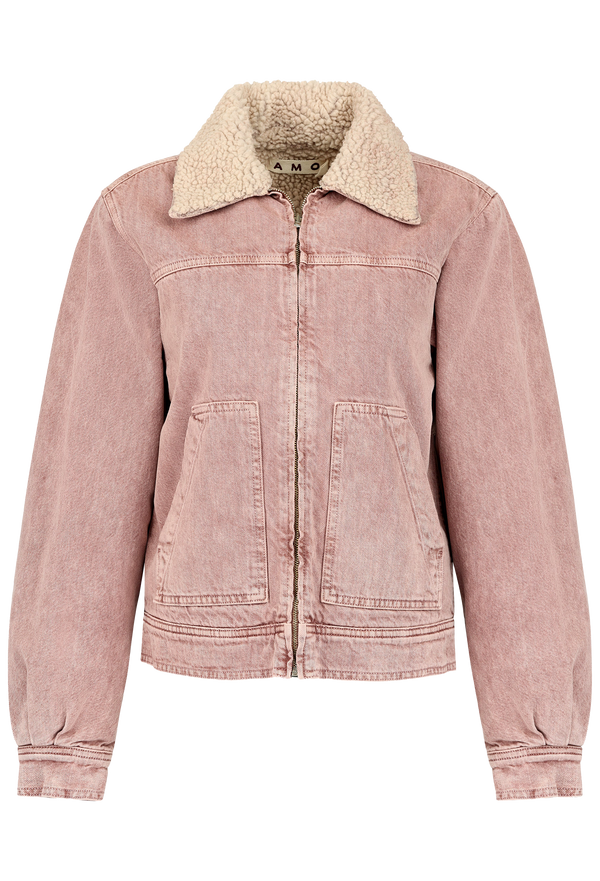 Pink jacket with a beige sherpa lining on a white background