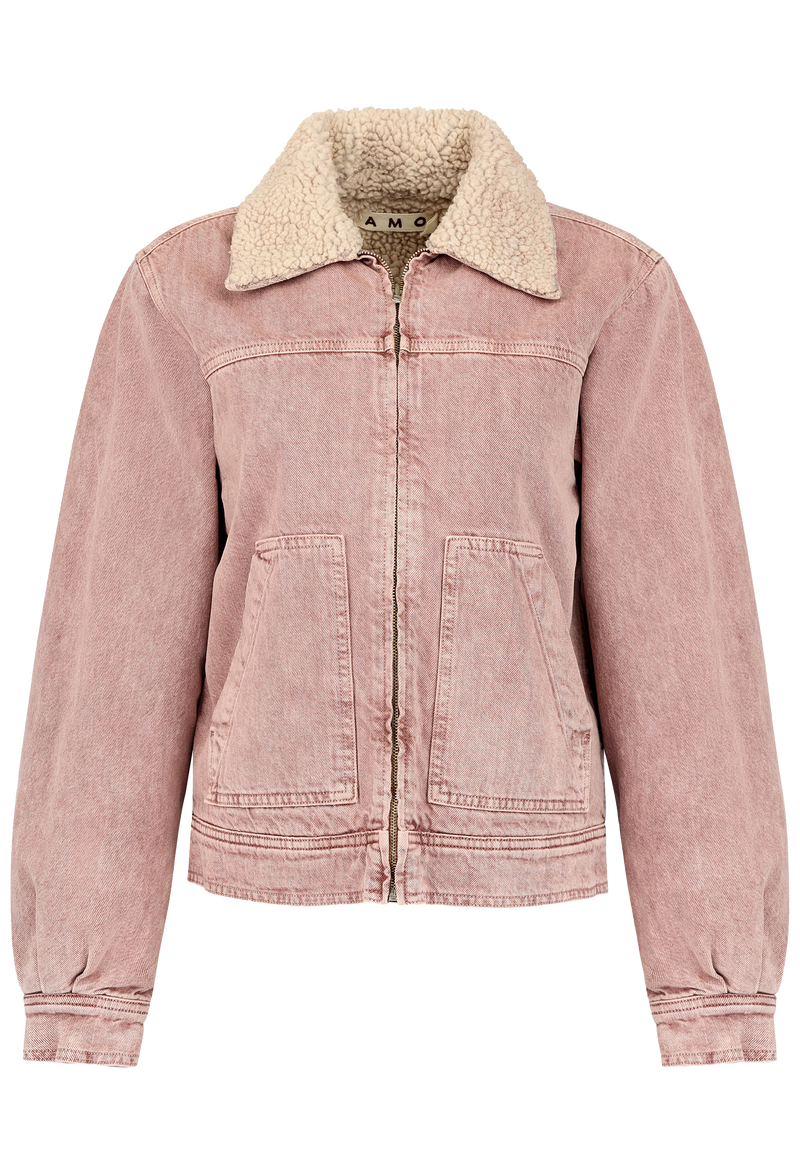 Pink jacket with a beige sherpa lining on a white background
