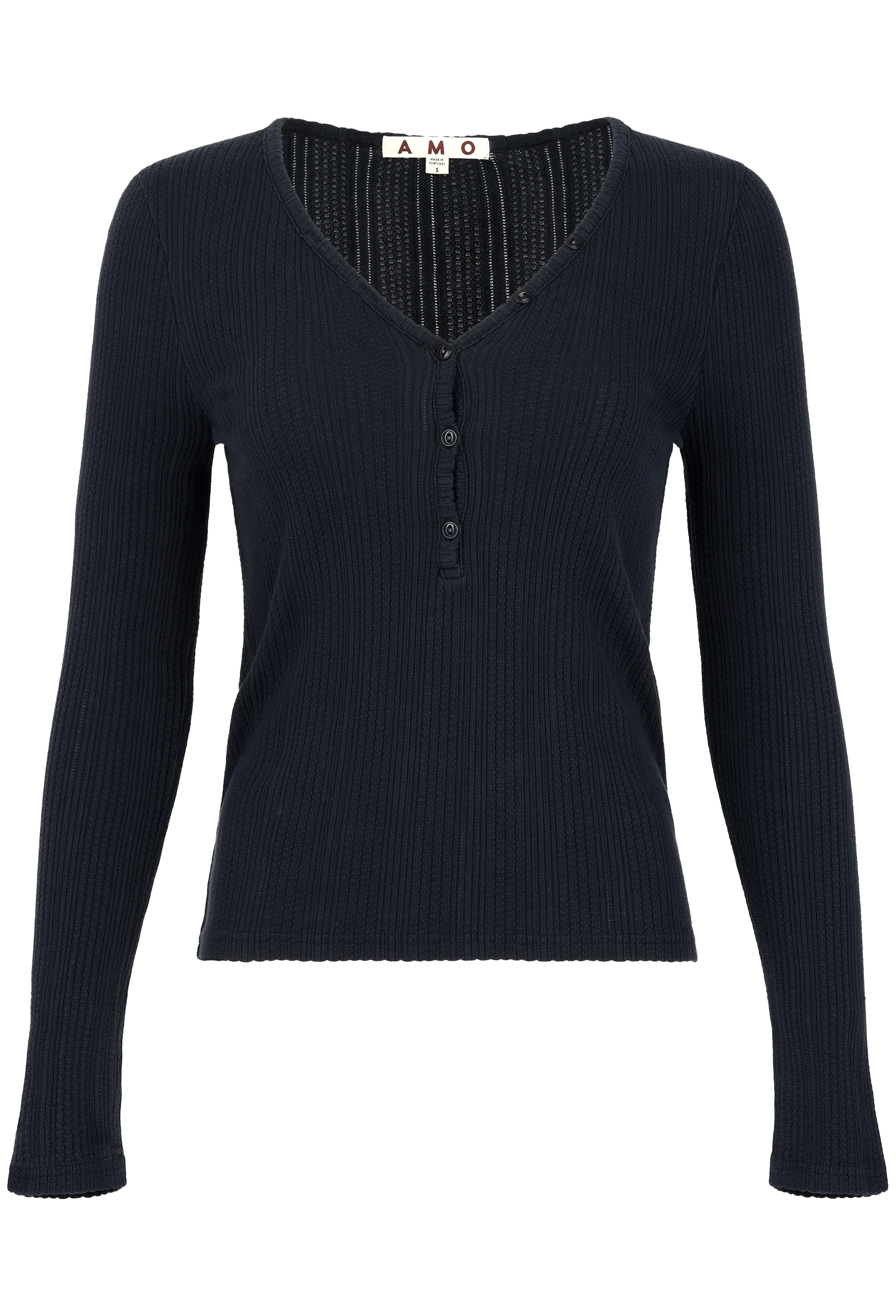 Black ribbed long-sleeve top on a white background
