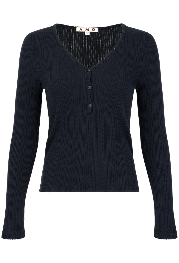 Black ribbed long-sleeve top on a white background
