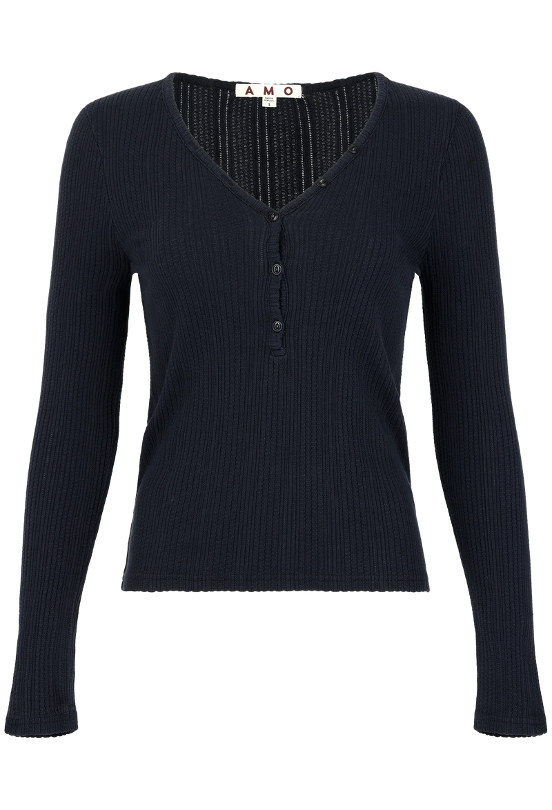Black ribbed long-sleeve top on a white background