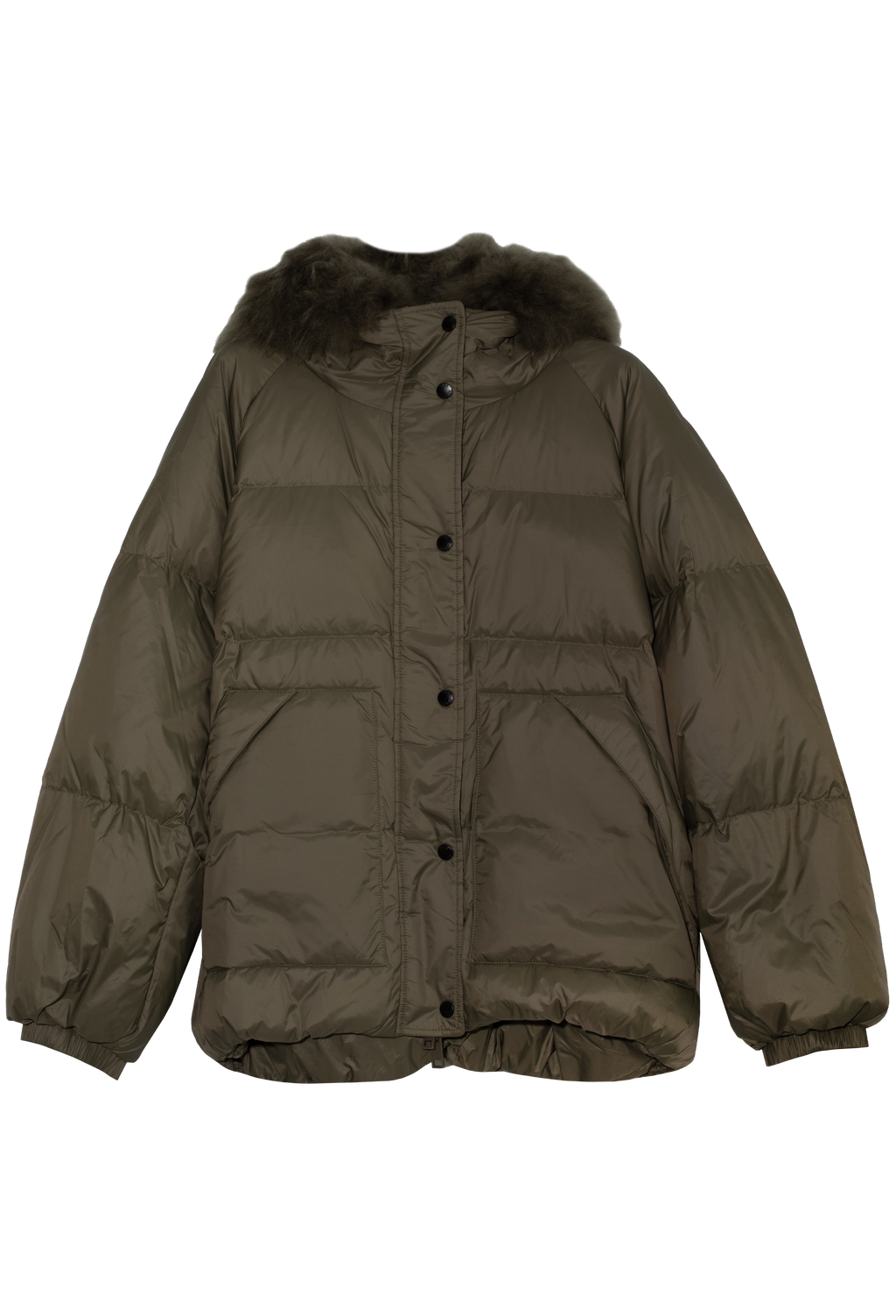Green puffer jacket with fur hood on a white background