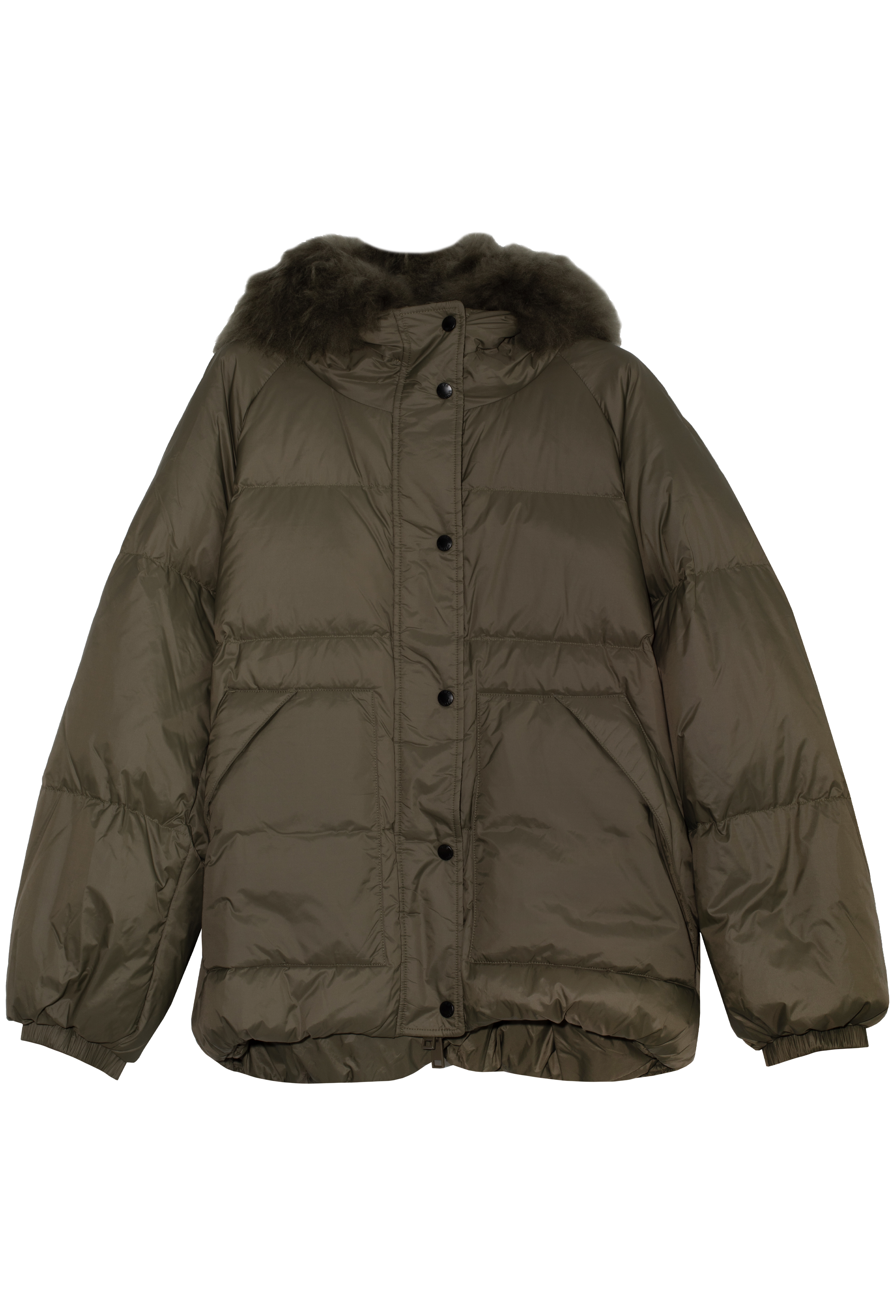 Green puffer jacket with fur hood on a white background