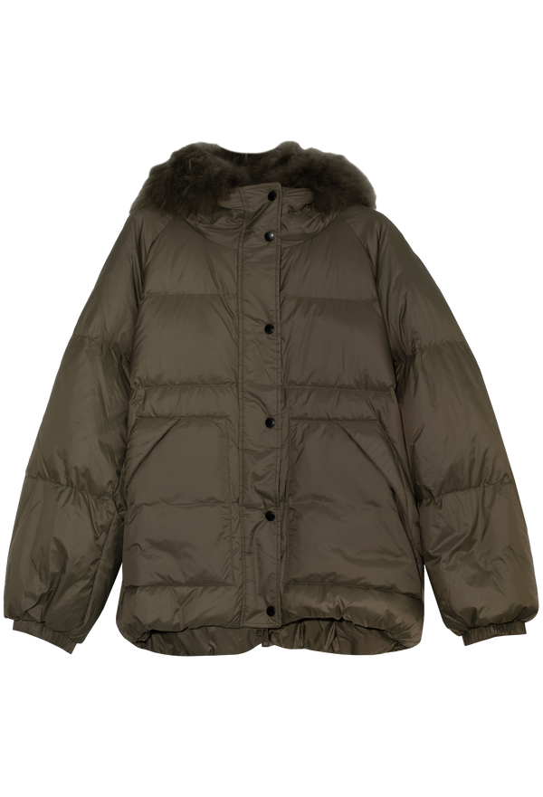 Green puffer jacket with fur hood on a white background