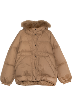 Beige puffer jacket with fur hood on a white background