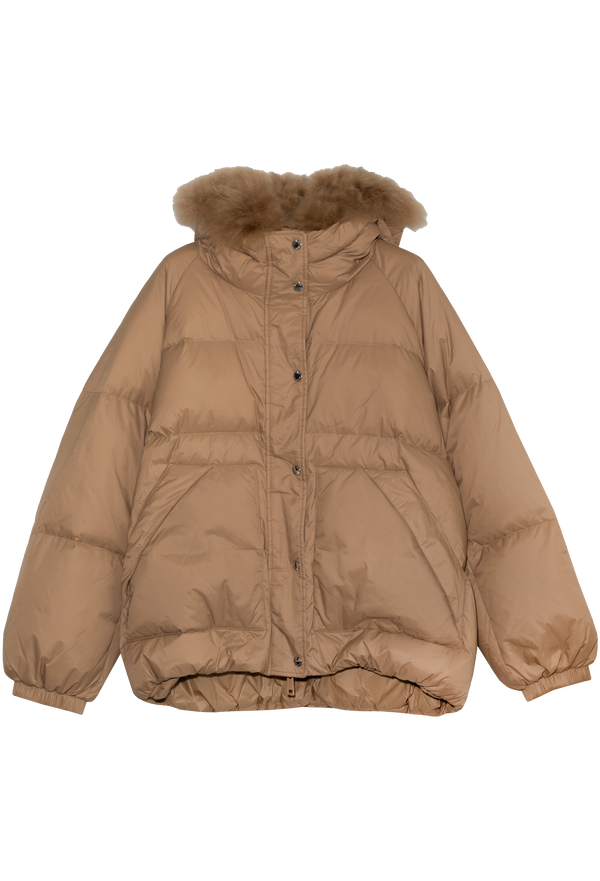 Beige puffer jacket with fur hood on a white background