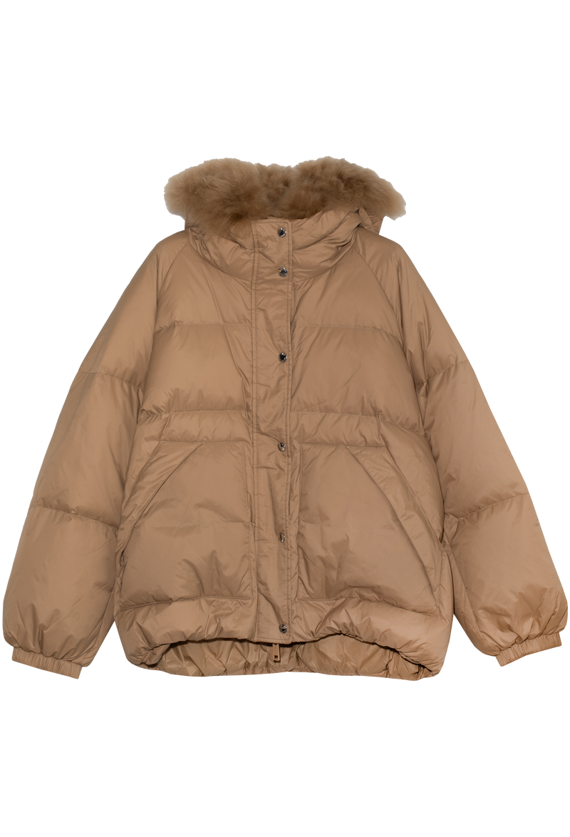 Beige puffer jacket with fur hood on a white background