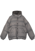 Gray puffer jacket with a hood on a white background