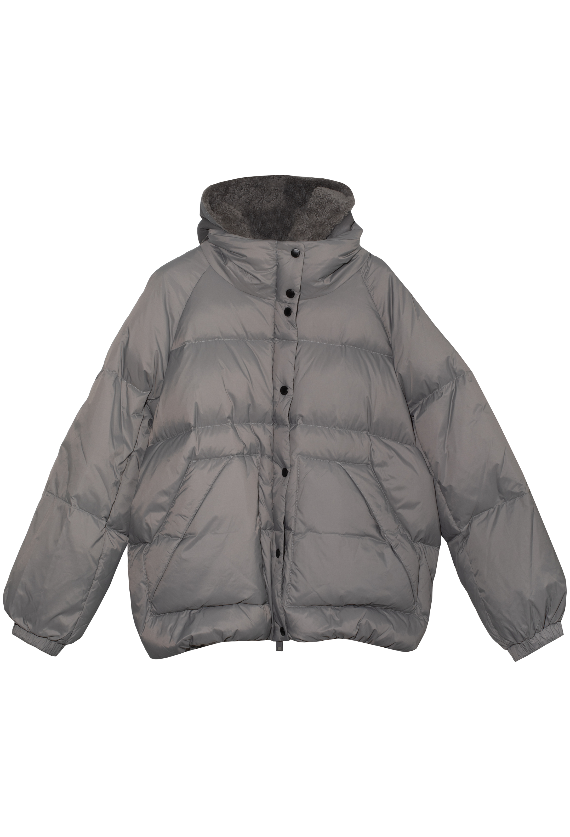 Gray puffer jacket with a hood on a white background