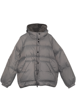 Gray puffer jacket with a hood on a white background