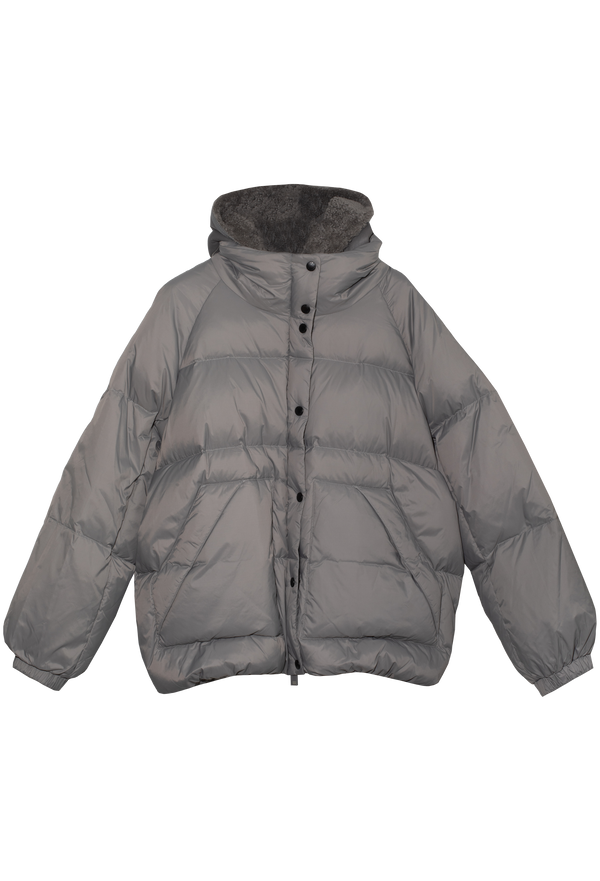 Gray puffer jacket with a hood on a white background
